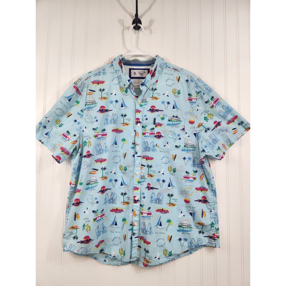 Original Penguin Mens XXL California Novelty Print Button Down Shirt Light Blue